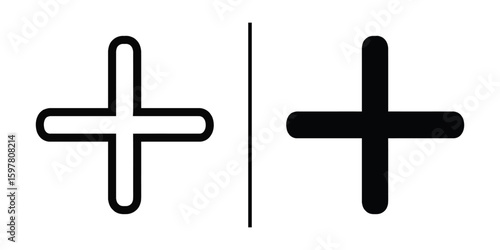 Symbolic Contrast: A minimalist composition explores the duality of form and void, presenting a pair of plus signs with contrasting appearances, one outlined and the other solid.