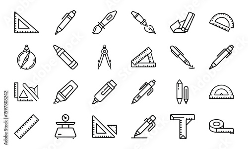 Minimalist outlined drawing tools and instruments for architect design and art projects