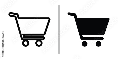 Shopping Cart Icon in Dual Design: A sleek, minimalist shopping cart icon, presented in both outline and solid black styles, representing modern shopping and digital commerce.