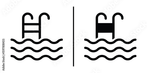 Pool Icon: A pair of minimalist icons representing a swimming pool and its features. The simple yet effective imagery of water and ladder conveys the essence of recreation and aquatic leisure.