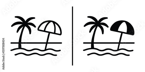 Beach Escape Silhouette: A minimalist silhouette of a serene beach scene, complete with swaying palm tree and beach umbrella, inviting to vacation.