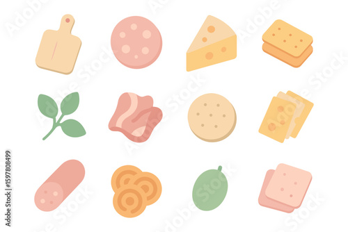 Charcuterie board elements vector illustration for food design projects in flat style