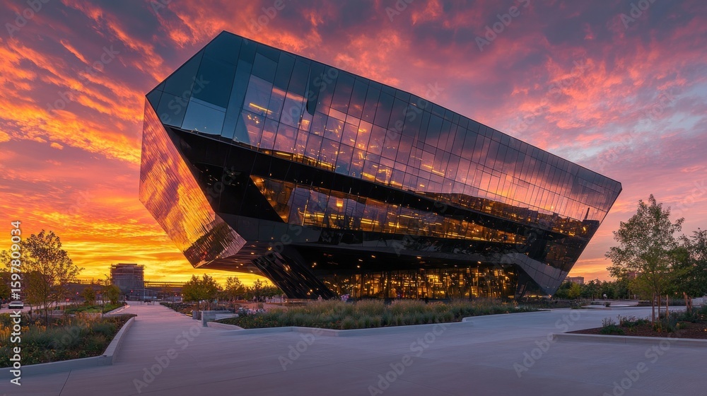 Fototapeta premium Modern glass office building at sunset. Dramatic sky reflects in the building's facade. Urban landscape.