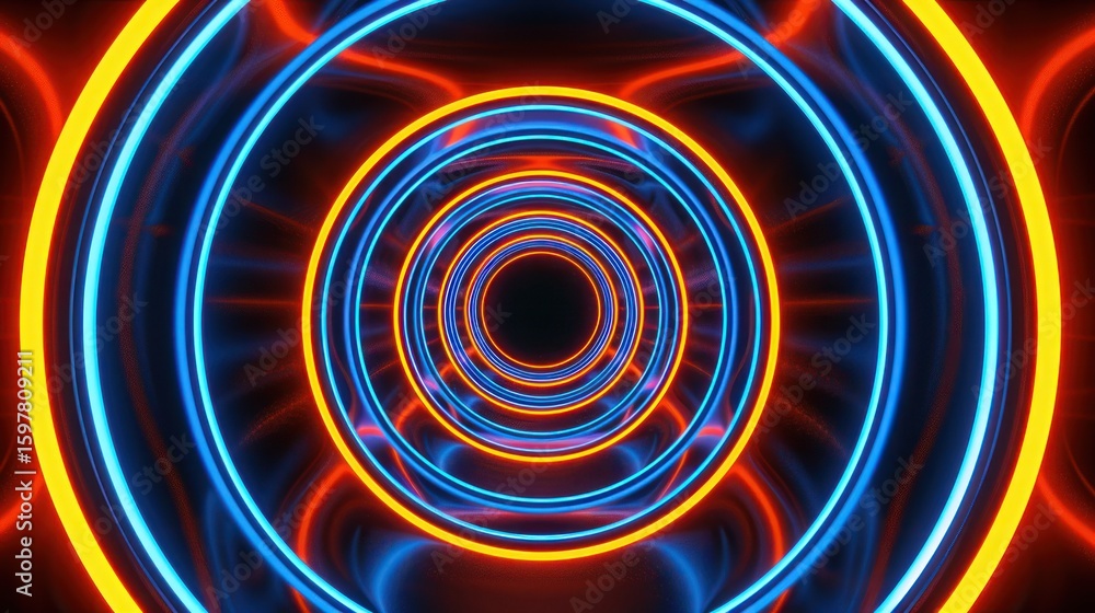 Fototapeta premium Concentric circles glow neon blue and orange, creating a hypnotic tunnel effect