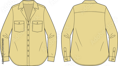 CAD drawing flat vector illustration of long sleeve shirt with front pockets, technical fashion sketch, casual wear design template