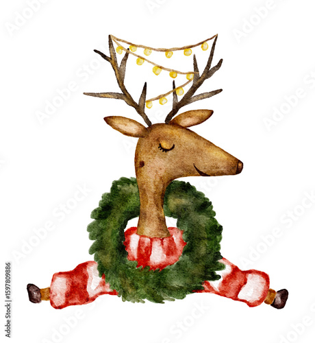 Watercolor reindeer with lights on antlers does splits, wears wreath. Vector illustration