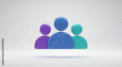Minimalist 3D rendering of a group of people in blue and purple tones