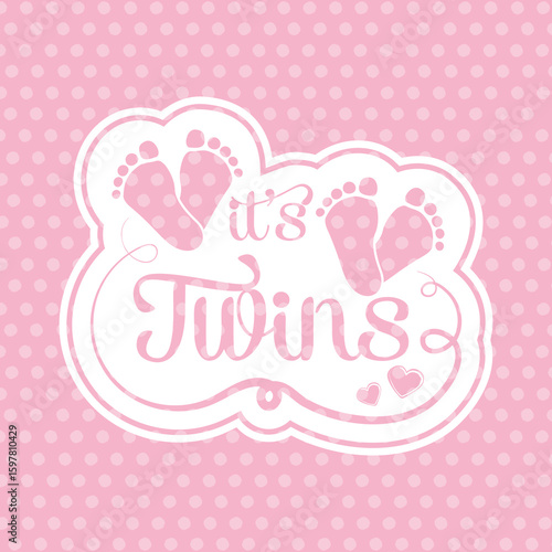 It's twin girls icon. Baby twin girl announcement. baby feet with hearts celebrating the birth of a twin daughters for greeting card