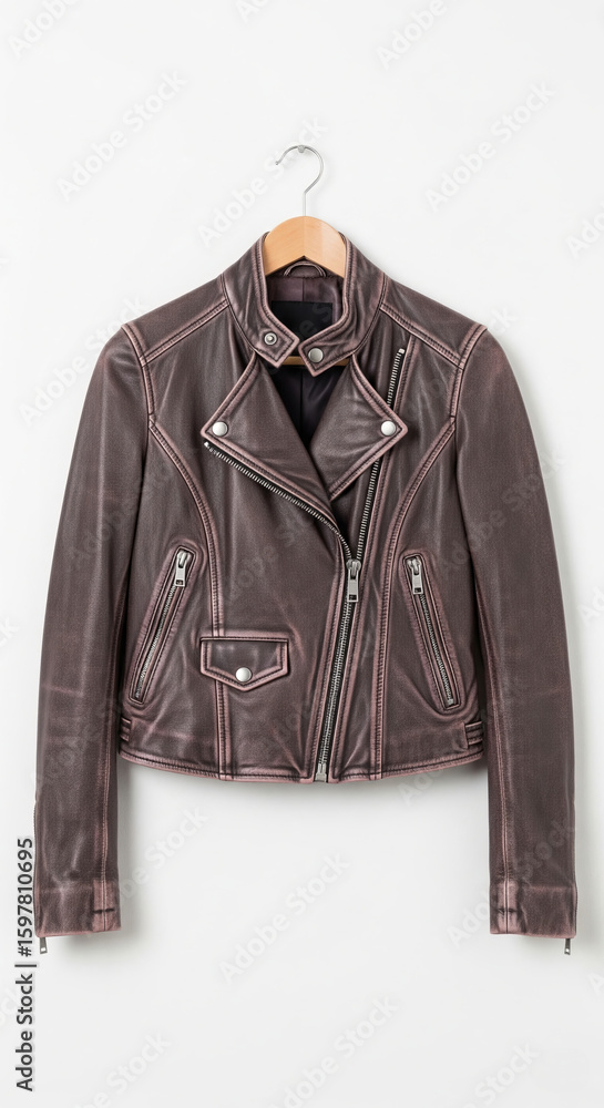 Naklejka premium Deep chocolate faux leather jacket with structured wide lapels and silver zipper, showcasing modern edgy design on hanger.