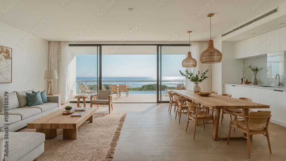 Fototapeta premium Modern coastal interior design with panoramic ocean views featuring living and dining areas natural light and elegant decor
