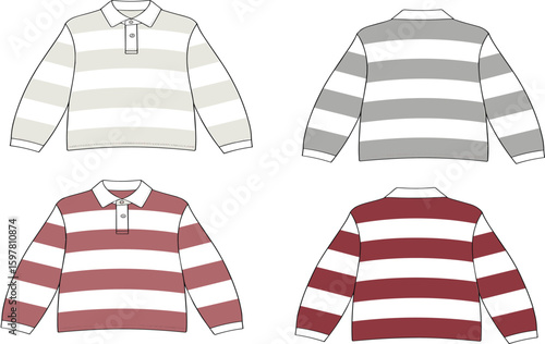cad drawing flat vector illustration of striped polo shirts technical fashion sketch with collar button placket long sleeves design