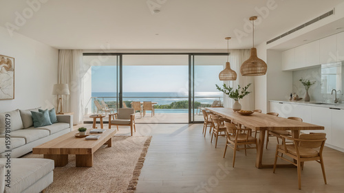 Modern coastal interior design with panoramic ocean views featuring living and dining areas natural light and elegant decor
