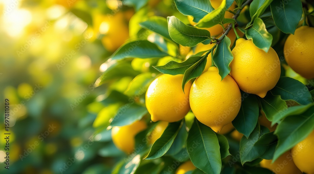 The bright yellow lemons hang heavy on the branches of a lush green lemon tree The bright yellow lemons hang heavy on the branches of a lush green lemon tree