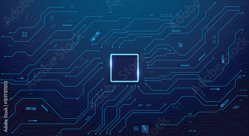 Futuristic circuit board with glowing central processor, symbolizing AI, big data, and high-tech computing. Digital technology background. Vector EPS10.