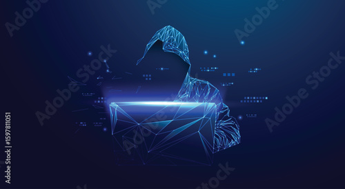 Polygonal hacker figure with laptop, symbolizing cybersecurity, data breach, and digital crime. Abstract network background. Vector EPS10.