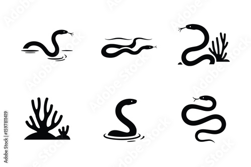 Black snake silhouettes in various poses and environments white water