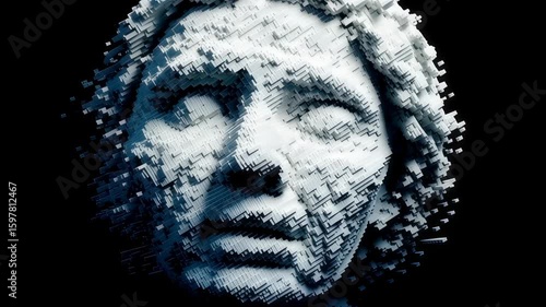 Disintegrating stone sculpture of human face on black background. Artistic decay concept. Ancient relic eroding. Digital art for book cover or album artwork.