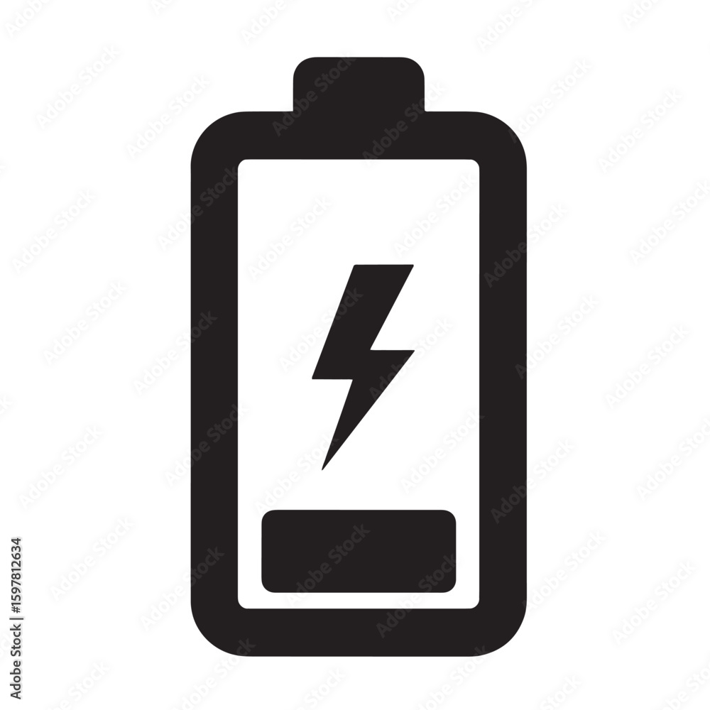 Minimalist black and white battery icon representing charging and energy power Minimalist black and white battery icon representing charging and energy power