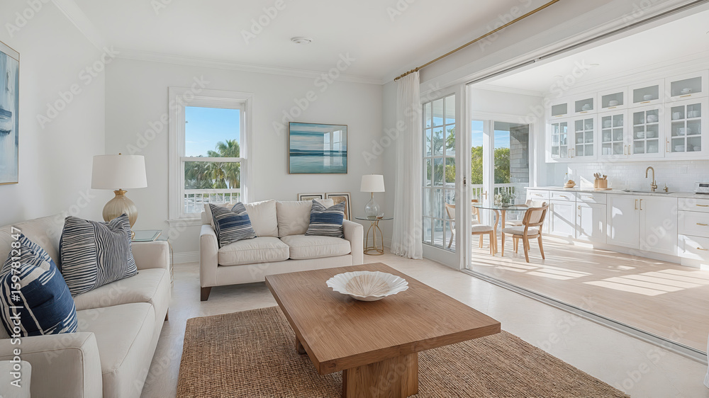 Fototapeta premium Bright and airy coastal living room and kitchen interior design with neutral tones and natural light creating a modern and relaxed atmosphere
