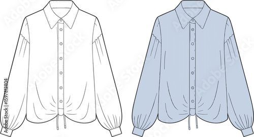 cad drawing flat vector illustration of women blouse technical fashion sketch with long sleeves button front and drawstring hem