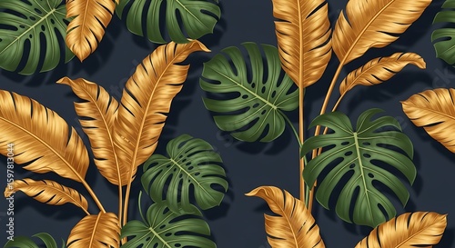 Elegant tropical foliage with golden and green leaves for interior decor