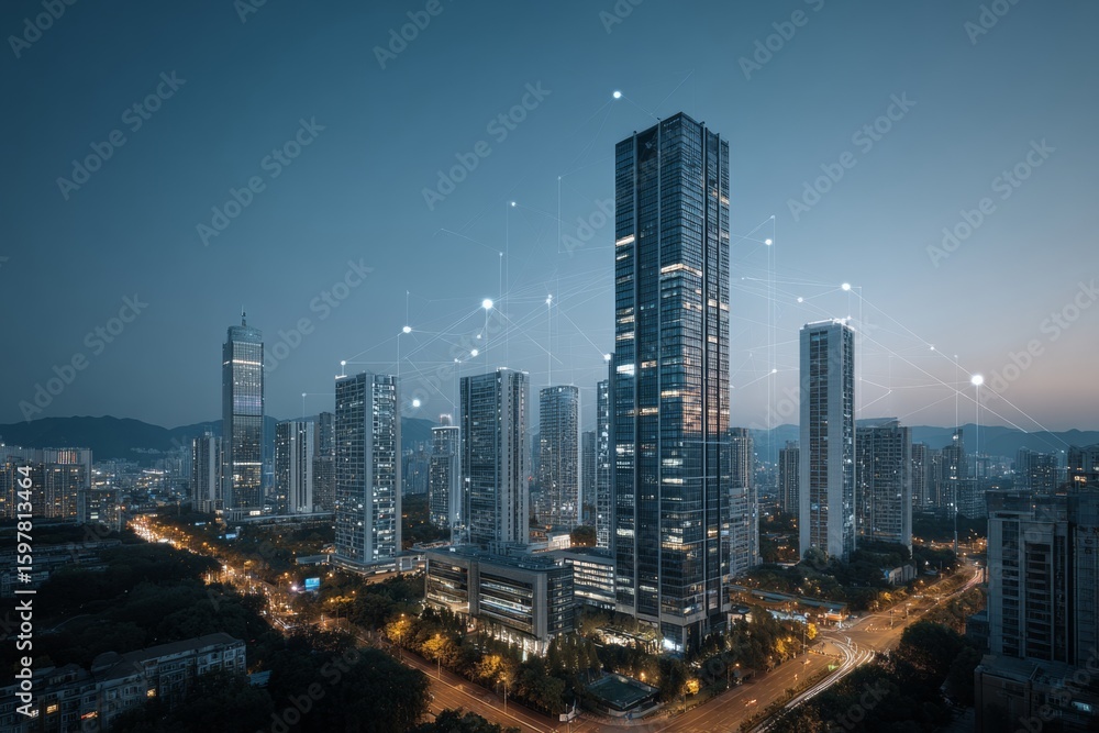 Naklejka premium Urban dusk: the intersection of sleep quality and digital data. Sleep interventions. Exploring the impact of environment on sleep in assisted living facilities. Nighttime peace. Restful sleep.