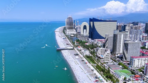 Aerial View of Modern Seaside Skyline and Beach in Batumi Georgia