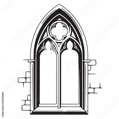Vector illustration of a gothic church window in black and white isolated on a white background