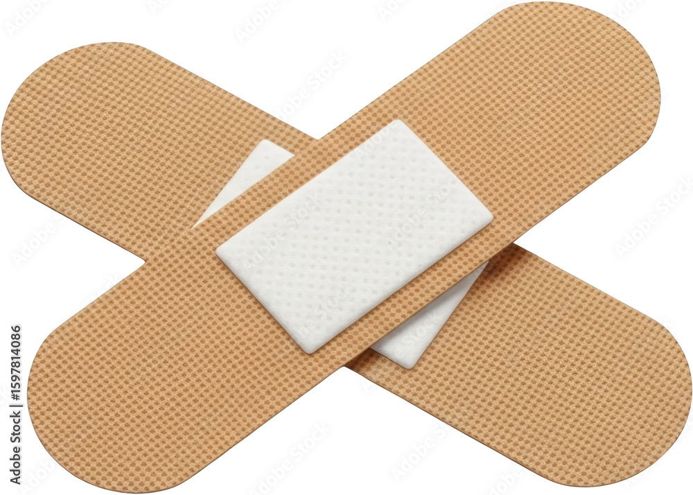 Two crossed adhesive bandages one partially covering the other with white absorbent pads transparent background Two crossed adhesive bandages one partially covering the other with white absorbent pads transparent background