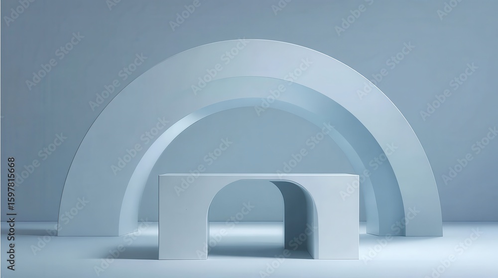 Fototapeta premium Modern blue podium with arched structures providing an elegant and minimalist setting for showcasing products, perfect for beauty, fashion, or other commercial displays