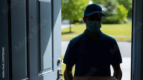 Delivery person dropping off package at front door