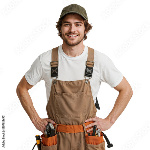 Smiling construction worker in overalls with a tool belt and cap looking directly at the camera with a friendly expression, ready for any job