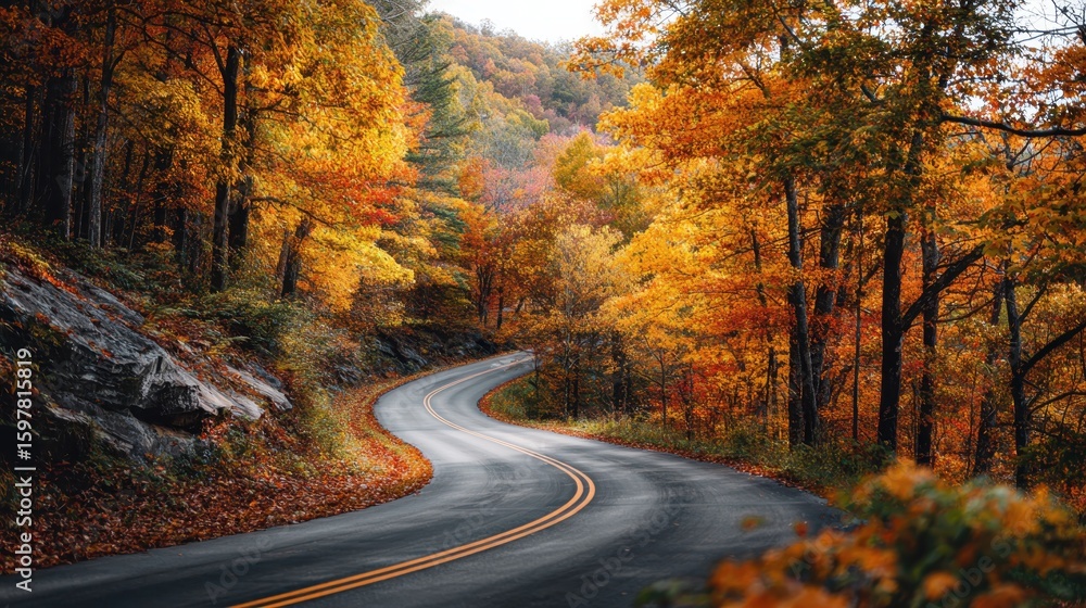 Obraz premium Winding mountain road curving through vibrant fall foliage, revealing golden and crimson leaves blanketing blue ridge landscape in north carolina autumn splendor