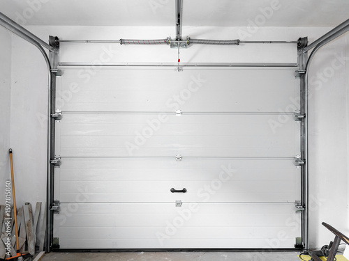Automatic sectional garage door with remote control, view from the inside of the garage on the mechanism