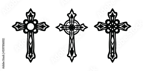 Three ornate black crosses with intricate designs displayed side by side vector illustration