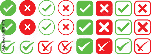 Check tick mark icon set.tick sign accept select confirm correct agree animated. successful symbol, tick mark.Check marks indicate approval. X marks indicate rejection. Simple symbols for yes and no.