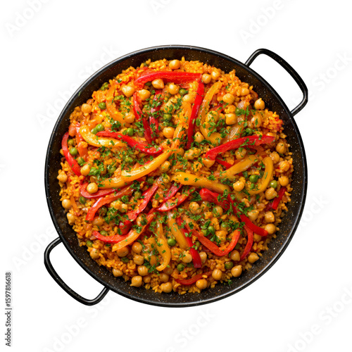 Delicious Vegetarian Paella with Chickpeas and Peppers in a Traditional Pan