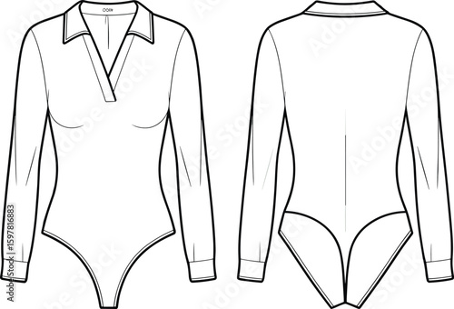 Bodysuit CAD drawing, flat vector fashion illustration with V-neck collar placket, long cuffed sleeves, high-cut leg, front back views