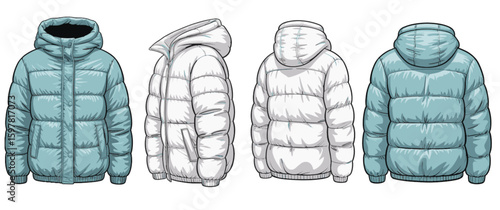 Puffer jacket CAD drawing, flat vector fashion illustration with hood, light blue and white variations, side and back views