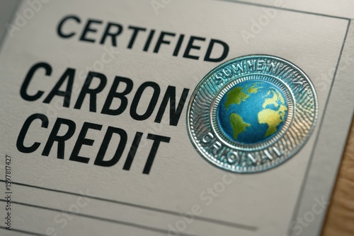 Certified Carbon Credit Document with Holographic Seal and Map of the World for Environmental Use