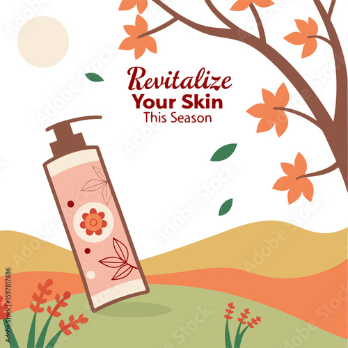 Illustration of a lotion bottle with floral designs in an autumn themed outdoor environment scene