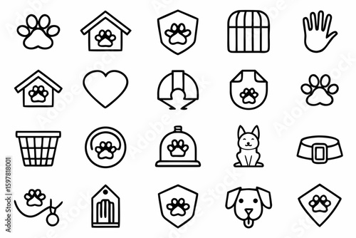 Pet Care & Animal Welfare (Stylized): Icons for pet grooming, veterinary services, pet adoption, animal shelters, pet travel, specific animal breeds (silhouettes), pet insurance, animal training, 