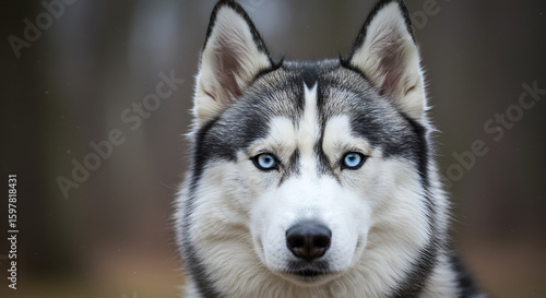 A captivating portrait of a majestic siberian husky with striking blue eyes