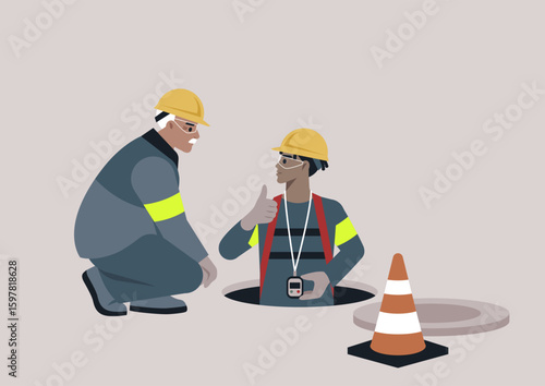 Two workers collaborate on sewer maintenance, one is in the hole signaling a thumbs-up, while the other oversees the operation from above, showcasing teamwork in public utility services