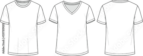 Blank t-shirt template, front and back view, crew neck, V-neck design, white tee, fashion mockup, apparel flat sketch, vector