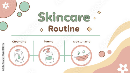 Illustration of a skincare routine with cleansing toning and moisturizing steps and pastel color palette