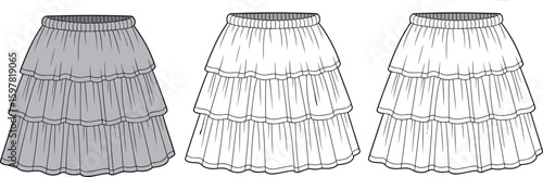 Tiered skirts CAD drawing, flat vector fashion illustration featuring striped waistbands, gray and white color variations, layered ruffle designs