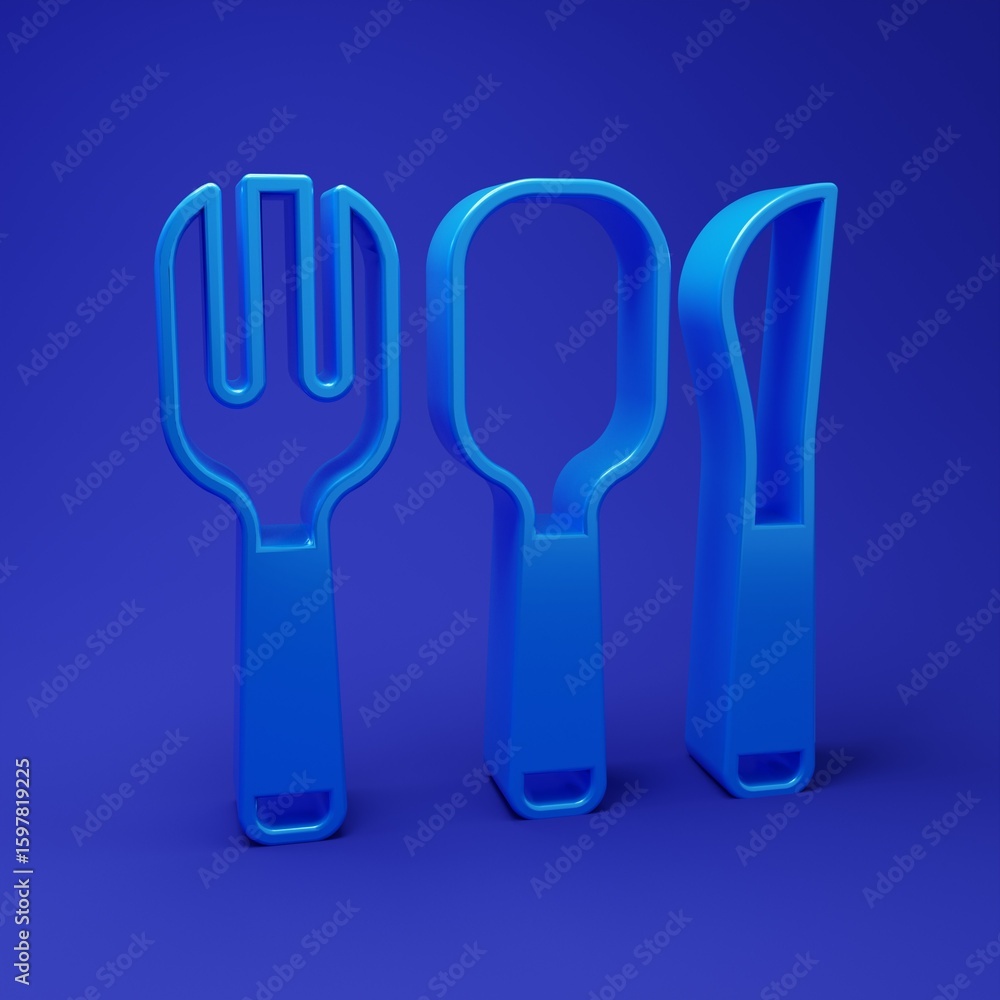 Fototapeta premium Blue Fork, spoon and knife icon isolated on blue background. Cooking utensil. Cutlery sign. Minimalism concept. 3D render illustration