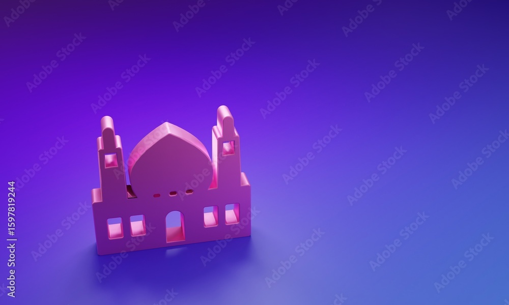 Obraz premium Pink Muslim Mosque icon isolated on purple-blue background. Minimalism concept. 3D render illustration