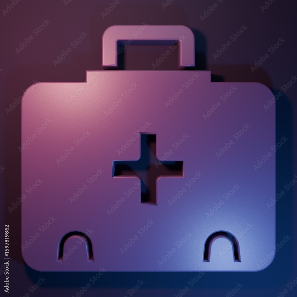 Obraz premium Purple First aid kit icon isolated on purple-blue background. Medical box with cross. Medical equipment for emergency. Healthcare concept. Minimalism concept. 3D render illustration